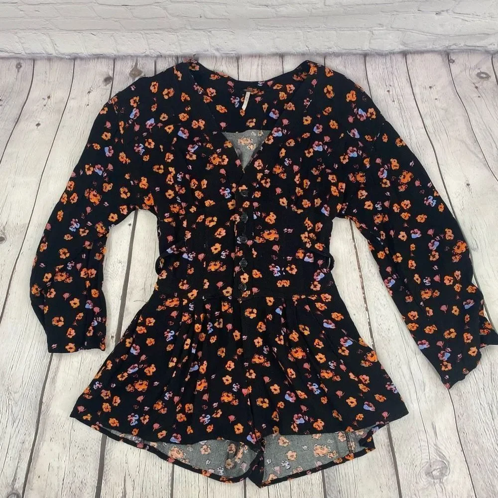 Free People L’Amour Printed Romper Black Long Sleeve Size 0 - Picture 7 of 9